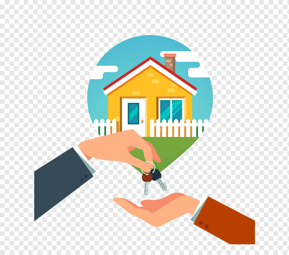 Real Estate Agent 桌布 壁紙 — 一隻穿著西裝袖的手在黃色房子（帶白色圍欄和藍天）下將鑰匙遞給另一隻手。