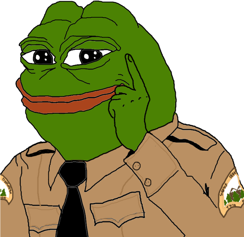 佩佩蛙 桌布 壁紙 — 一隻穿著警長制服的卡通青蛙，手托下巴，表情若有所思，背景為黑色。