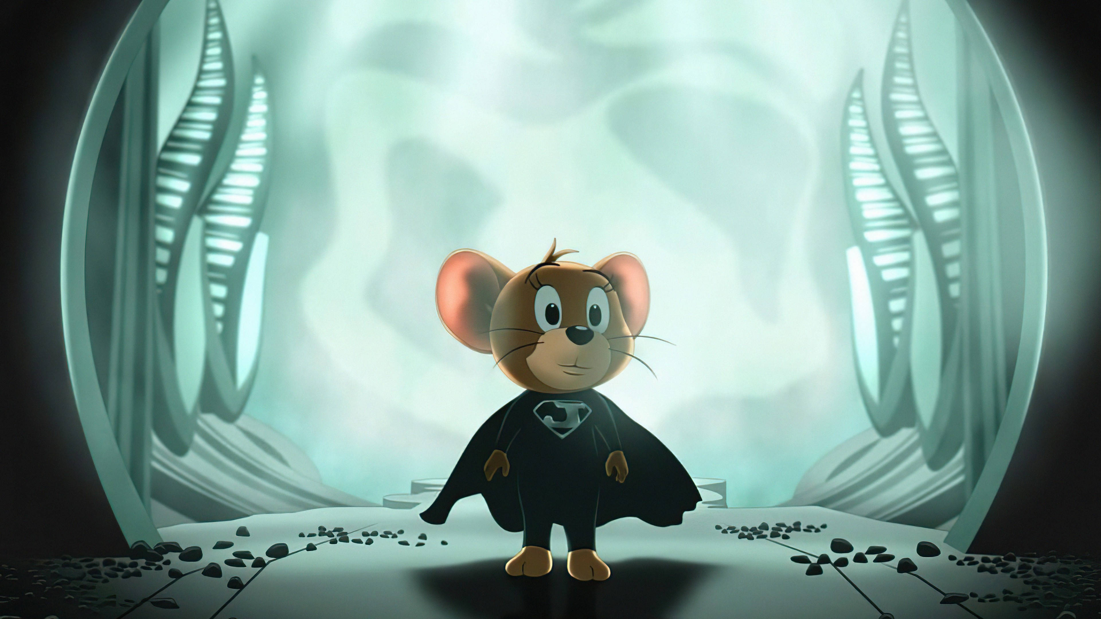 tom and jerry 4K 桌布 壁紙 — 一隻穿著超人斗篷的卡通老鼠，英雄般地站在一個發光、有彎曲金屬牆壁的未來感房間裡。