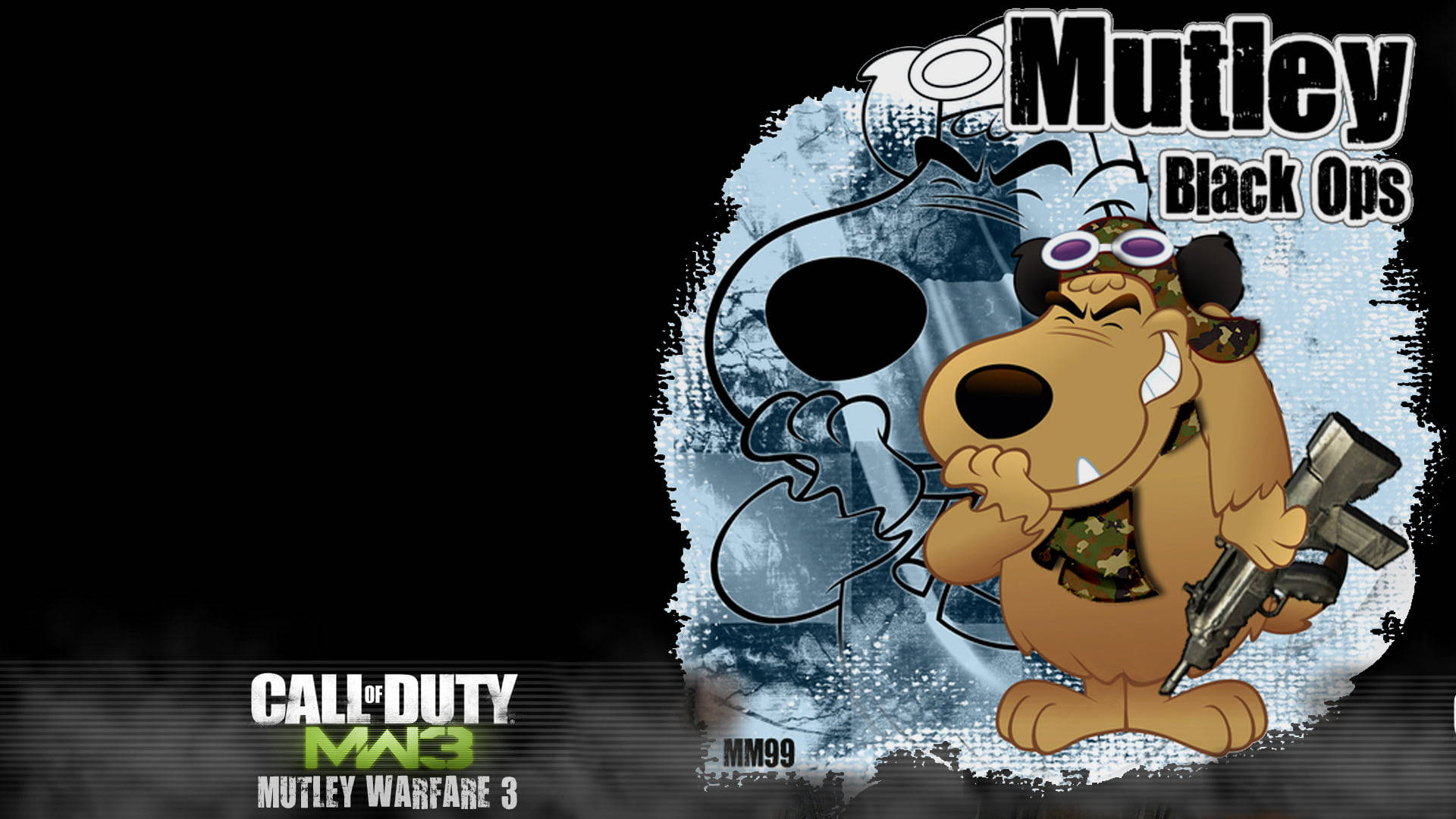 Muttley 桌布 壁紙 — 一隻穿著軍裝的卡通狗在骷髏背景下拿著步槍，並帶有「Mutley Black Ops」文字。