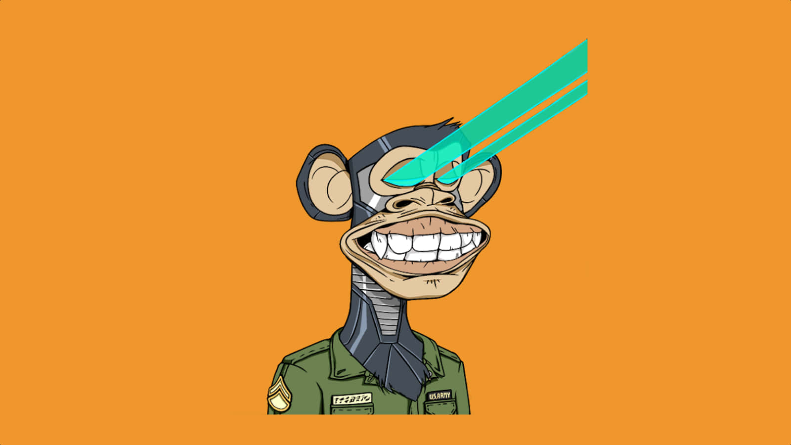 Cartoon 桌布 壁紙 — 一隻穿著軍裝的卡通猴子，在純橙色背景上閃耀著綠色雷射眼。