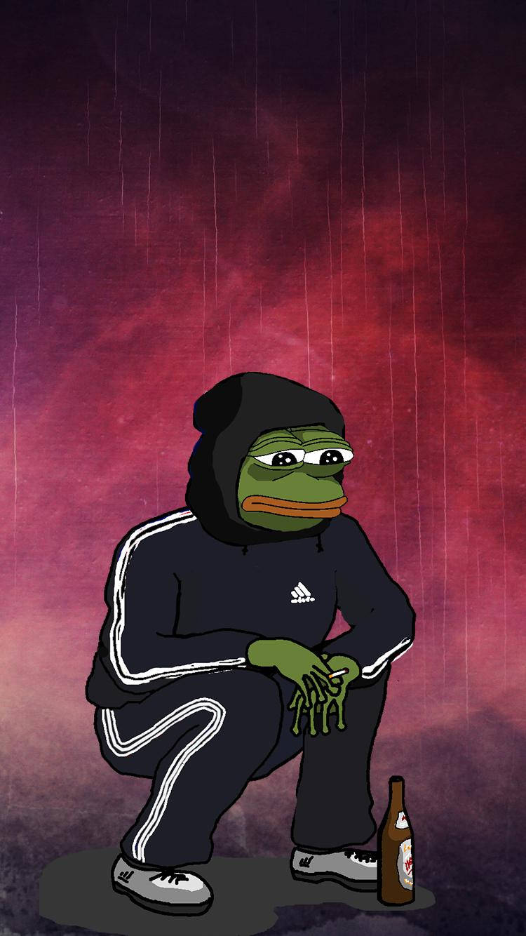 Pepe 桌布 壁紙 — 一隻穿著連帽衫的悲傷青蛙獨自坐在雨中，手持啤酒瓶，背景是紫色天空。