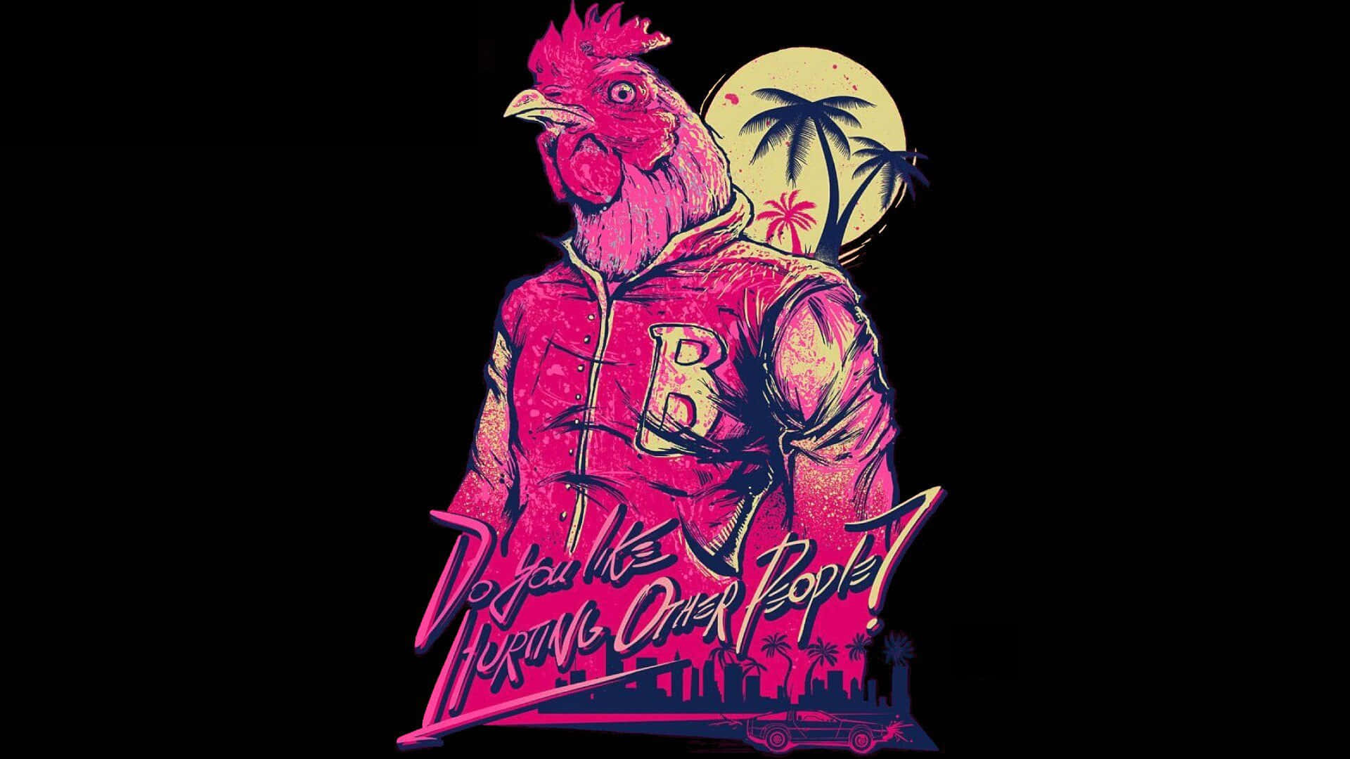Hotline Miami 桌布 壁紙 — 一隻穿著連帽衫的粉紅色公雞站在黃月亮前，背景有棕櫚樹和城市天際線剪影。