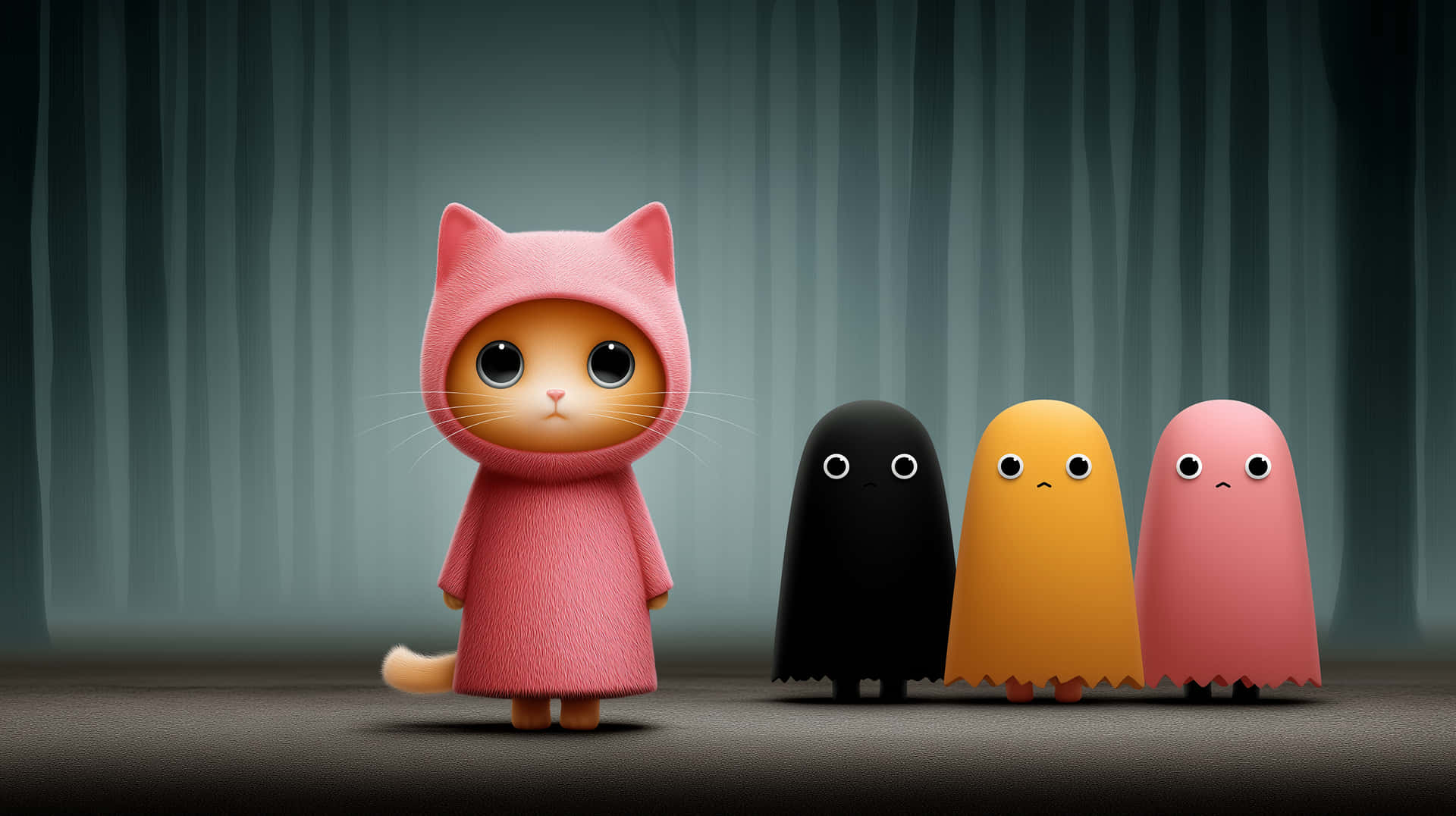 Cute Feline Character and Mysterious Figures in Forest Scene 壁紙 — 一隻穿著連帽長袍的可愛粉紅色貓咪，面對三個色彩繽紛的鬼魂角色，背景是深色窗簾。
