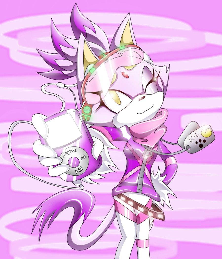 布雷茲貓 桌布 壁紙 — 一隻穿著遊戲服裝、快樂的紫白色擬人化狐狸，在旋轉的粉紅色背景前拿著控制器和耳機。