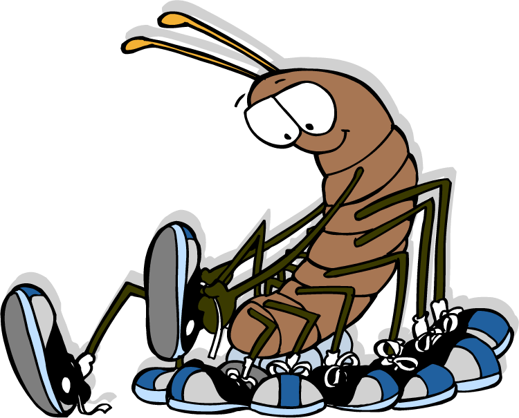Centipede 桌布 壁紙 — 一隻穿著運動鞋的卡通蟑螂，在黑白格紋背景前，隨意地坐在一堆鞋子中。