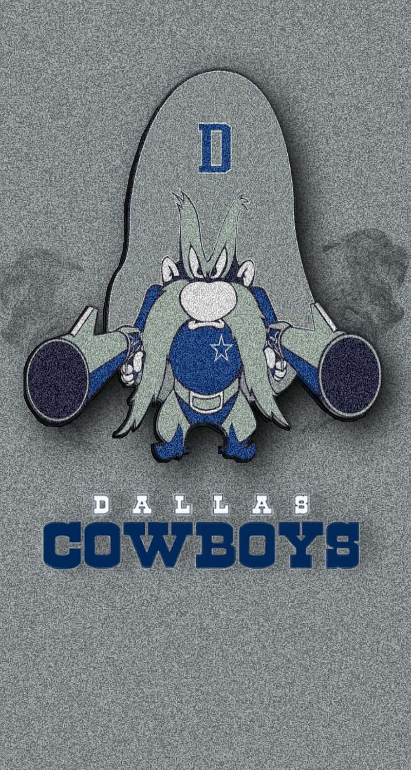 Dallas Cowboys Logo 桌布 壁紙 — 一隻穿著達拉斯牛仔隊裝備的卡通兔，在灰色紋理背景上，於一個「D」形盾牌下拿著火箭助推器。