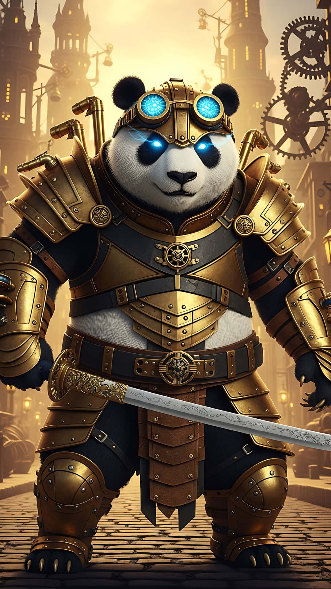 Panda Steampunk Warrior 壁紙 — 一隻穿著金色蒸氣龐克盔甲、戴著發光藍色護目鏡的熊貓，在充滿齒輪的城市景觀中手持劍準備就緒。