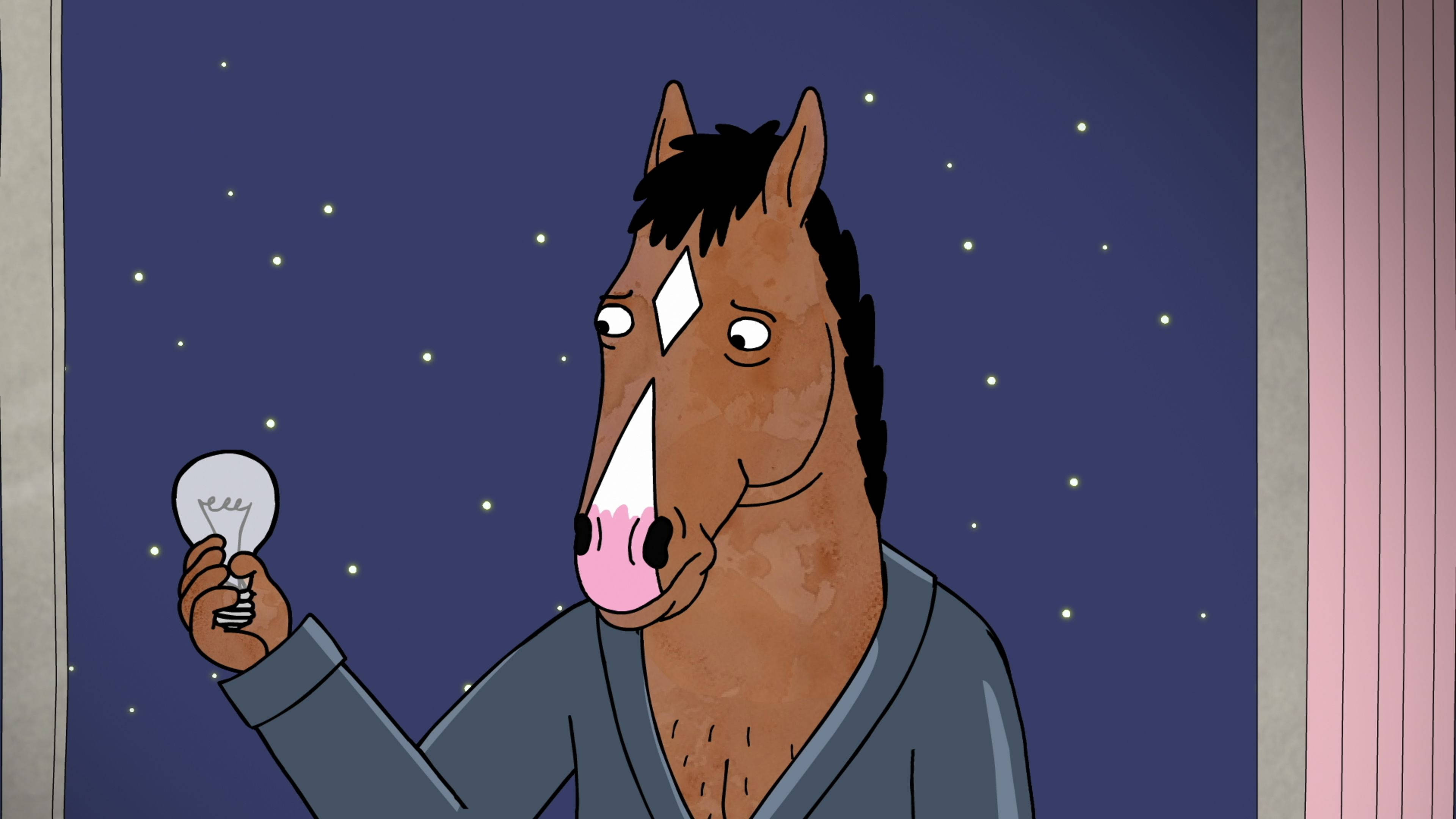 bojack 桌布 壁紙 — 一隻穿著長袍的卡通馬透過窗戶，在繁星點點的夜空下拿著燈泡。