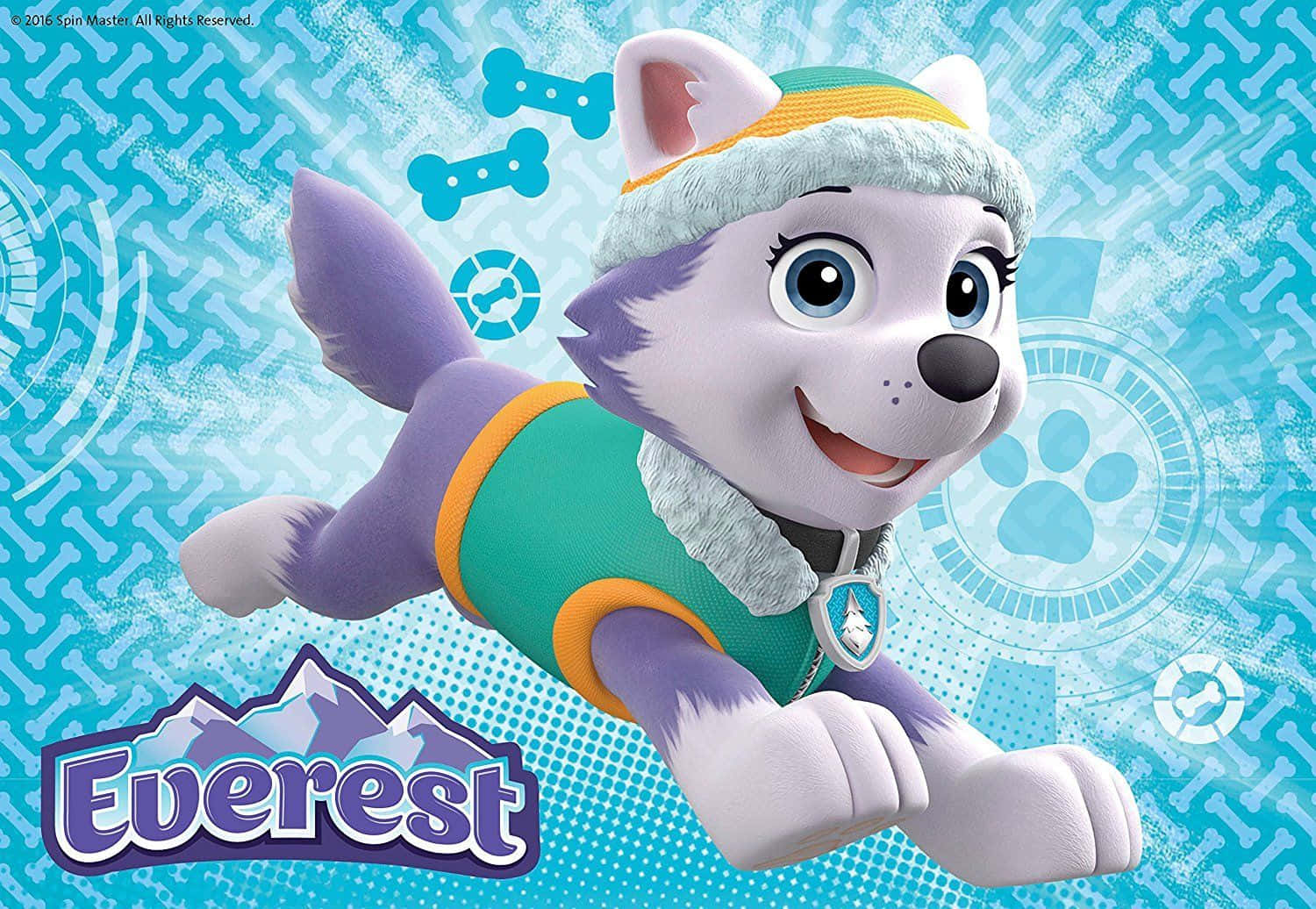 動畫哈士奇幼犬Everest穿著冬季服裝，帶著骨頭圖案和科技圖形飛翔。 — 汪汪隊立大功 GIF 壁紙