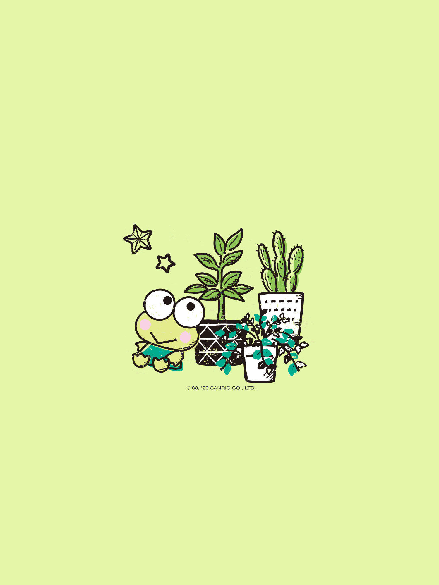Keroppi 桌布 壁紙 — 一隻穿著青綠色襯衫的可愛卡通青蛙坐在盆栽和星星旁邊，背景是淺綠色。