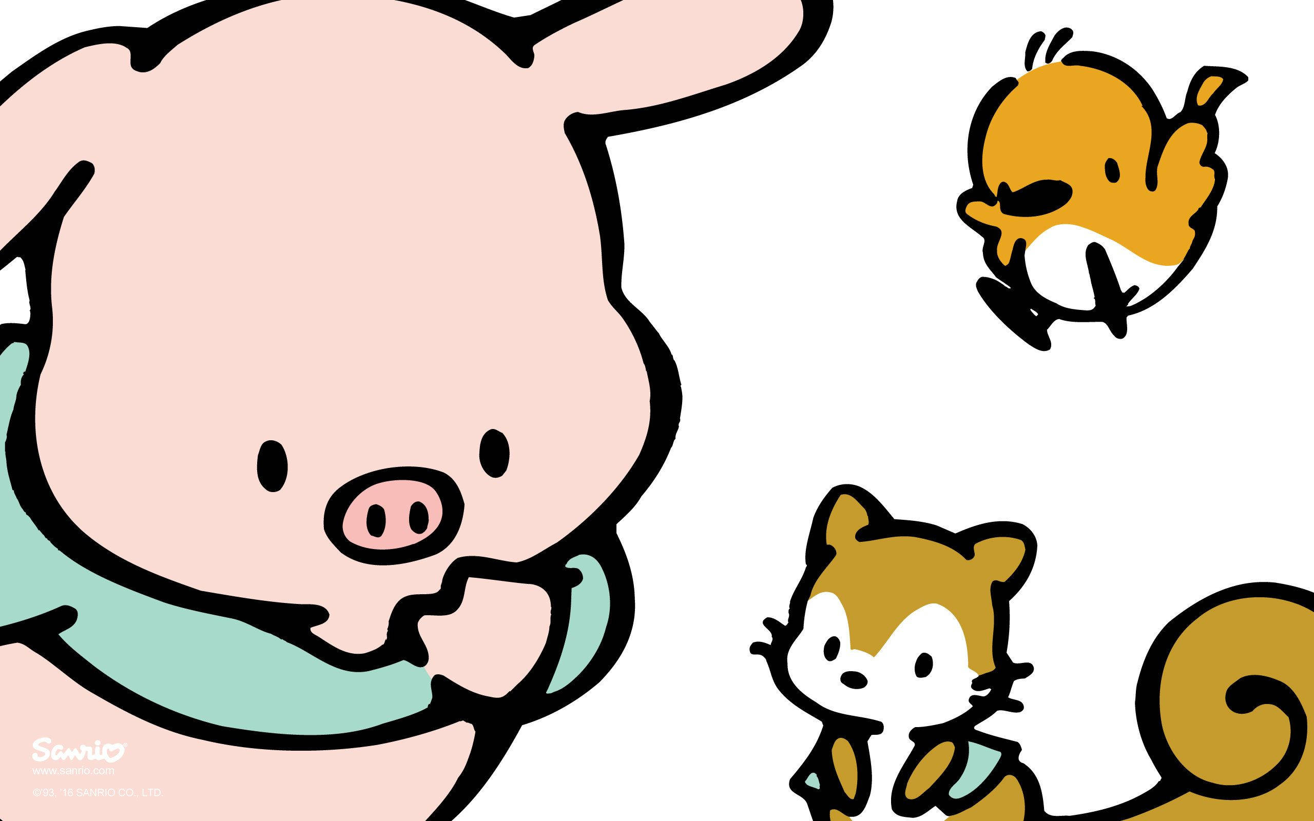 sanrio 桌布 壁紙 — 一隻穿著青綠色襯衫的可愛粉紅色豬擁抱一隻小棕色狐狸和一隻飛翔的黃色小鳥，背景為純白色。