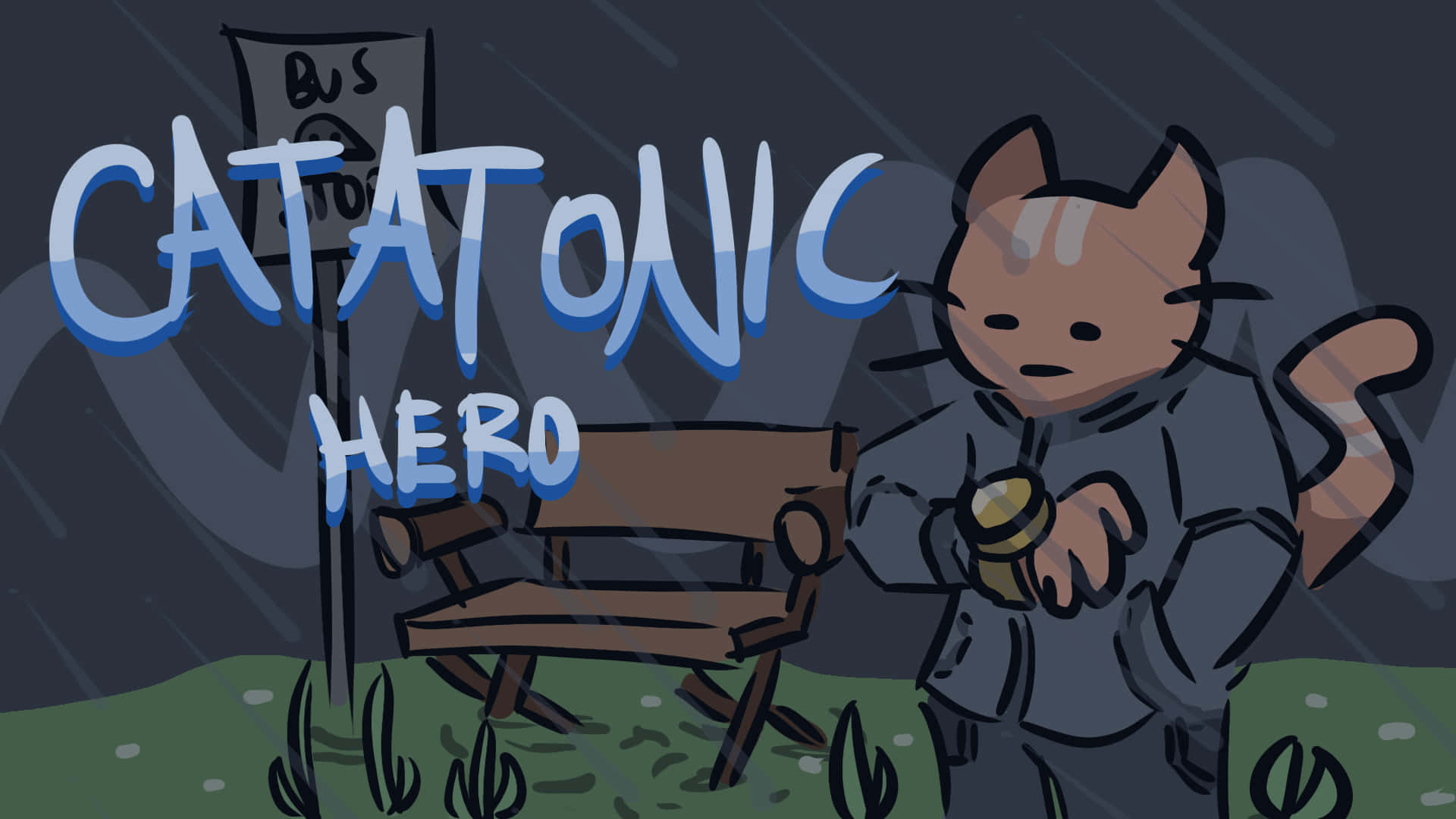 Hero 桌布 壁紙 — 一隻穿著風衣的卡通貓站在雨中長椅旁，帶有'CATATONIC HERO'字樣的藍色風格字體。