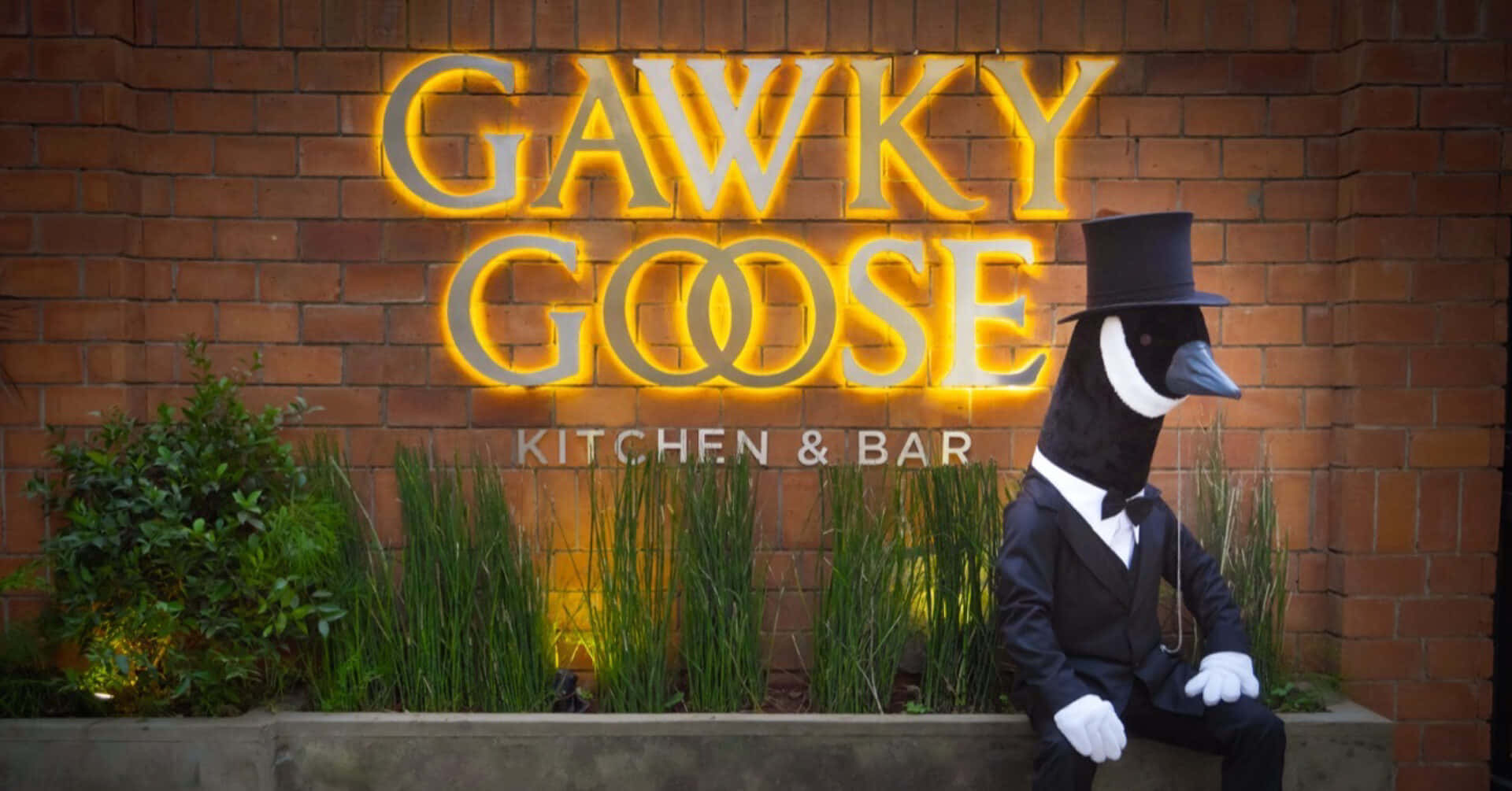 Pub 桌布 壁紙 — 一隻穿著高帽和西裝的時髦鵝坐在磚牆前，旁邊是Gawky Goose Kitchen & Bar的發光霓虹招牌。