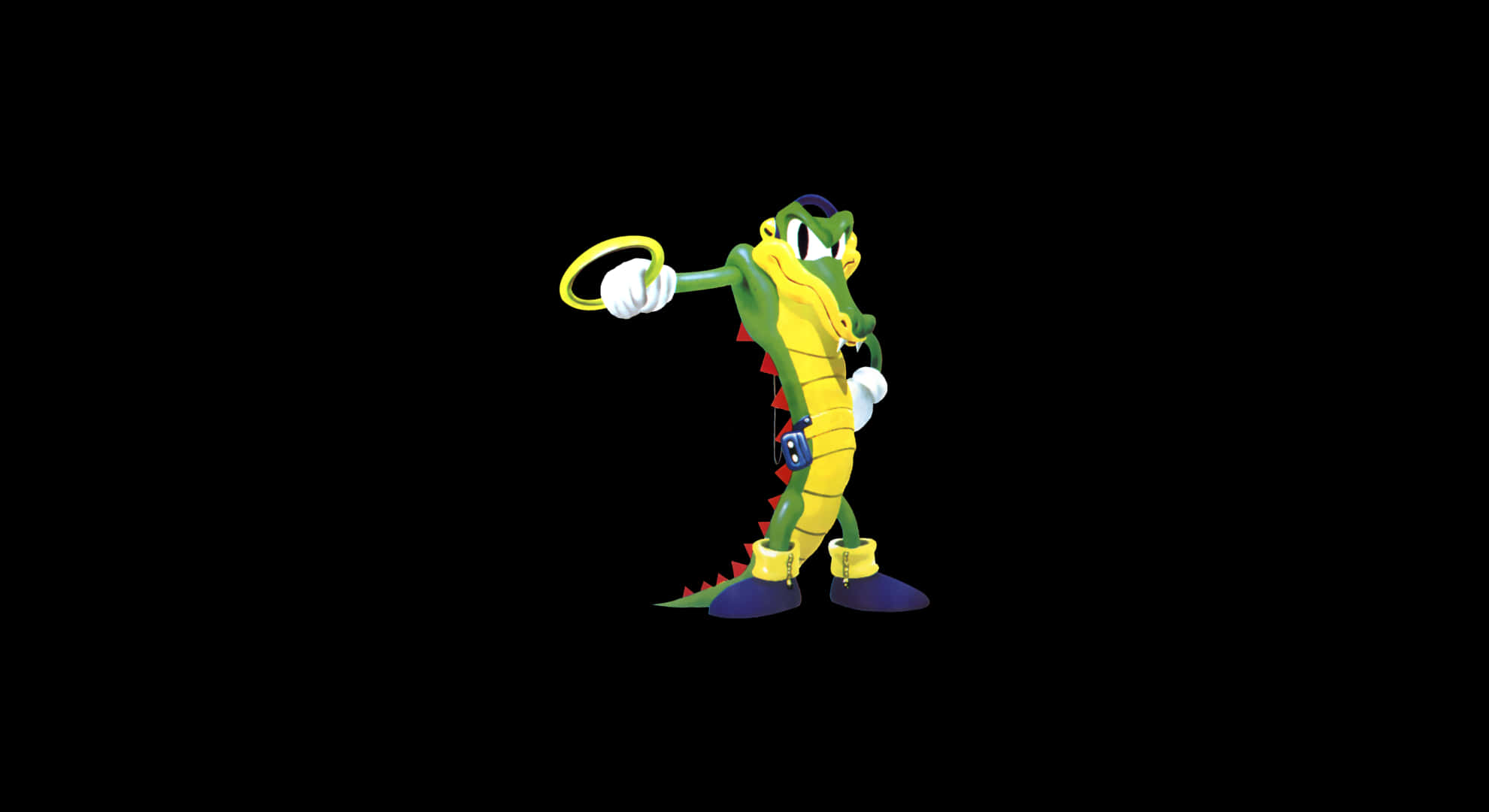Vector The Crocodile 桌布 壁紙 — 一隻穿著黃綠色服裝的卡通鱷魚，在黑色背景前拿著一個金色戒指。