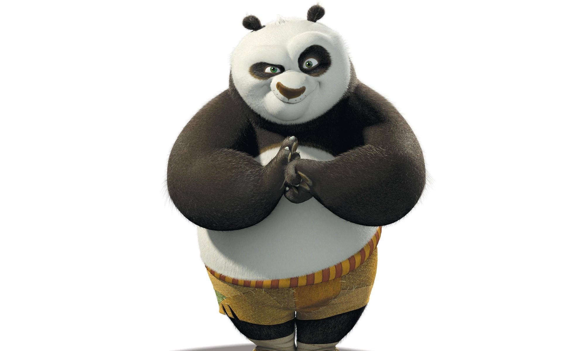 熊貓 桌布 壁紙 — 一隻穿著黃色短褲的開心動畫熊貓，雙手交叉，站在純白色背景前。