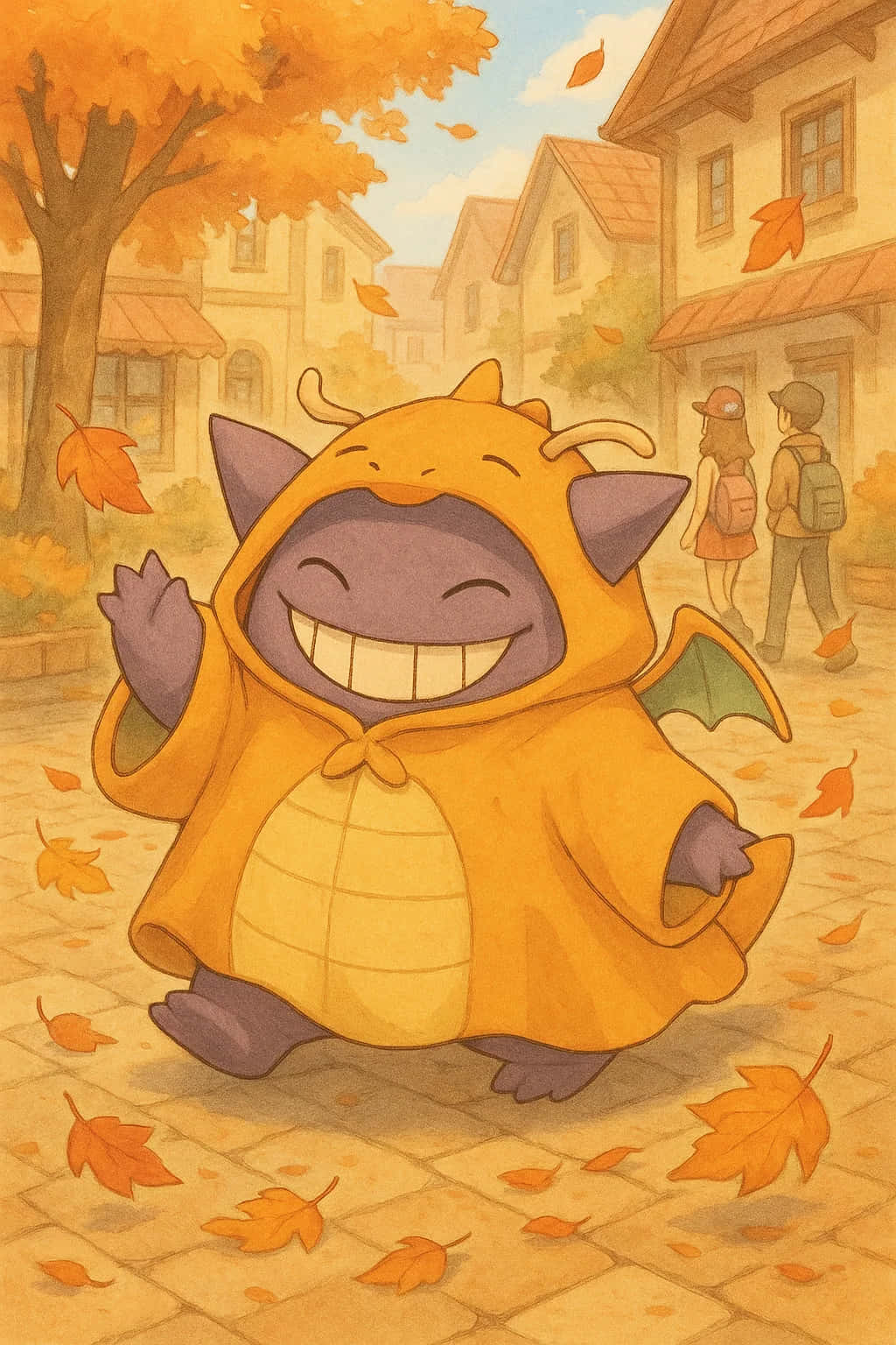 Gengar HD Wallpaper WEBP 4K Background Download 壁紙 — 一隻穿著黃色秋季外套的快樂卡通龍在落葉滿地的鵝卵石街道上愉快地揮手，背景有房屋和兩個行人。