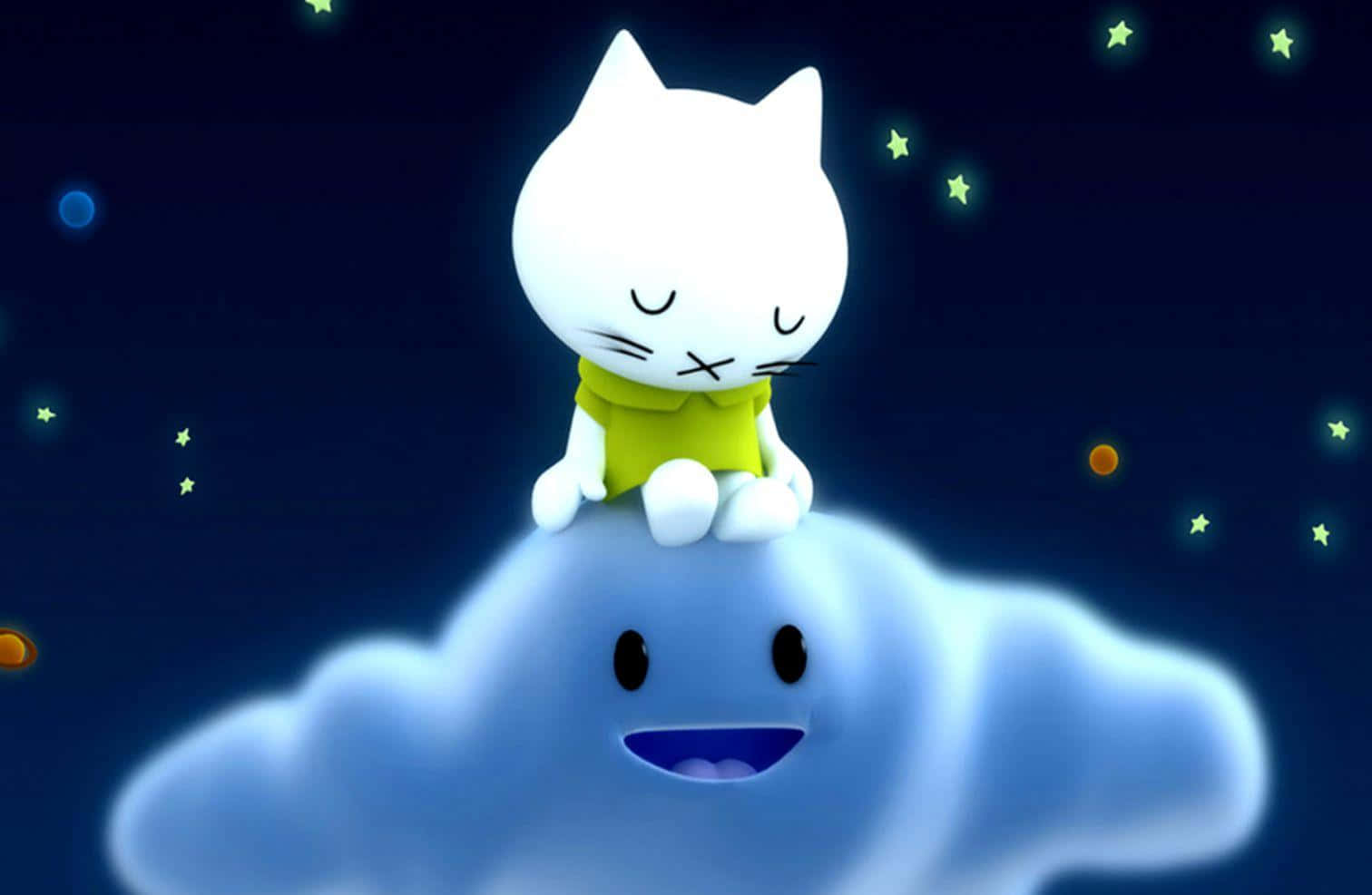 白色卡通貓穿著黃色襯衫坐在微笑的藍色雲朵上，星空下。 — 卡通貓咪動圖 壁紙