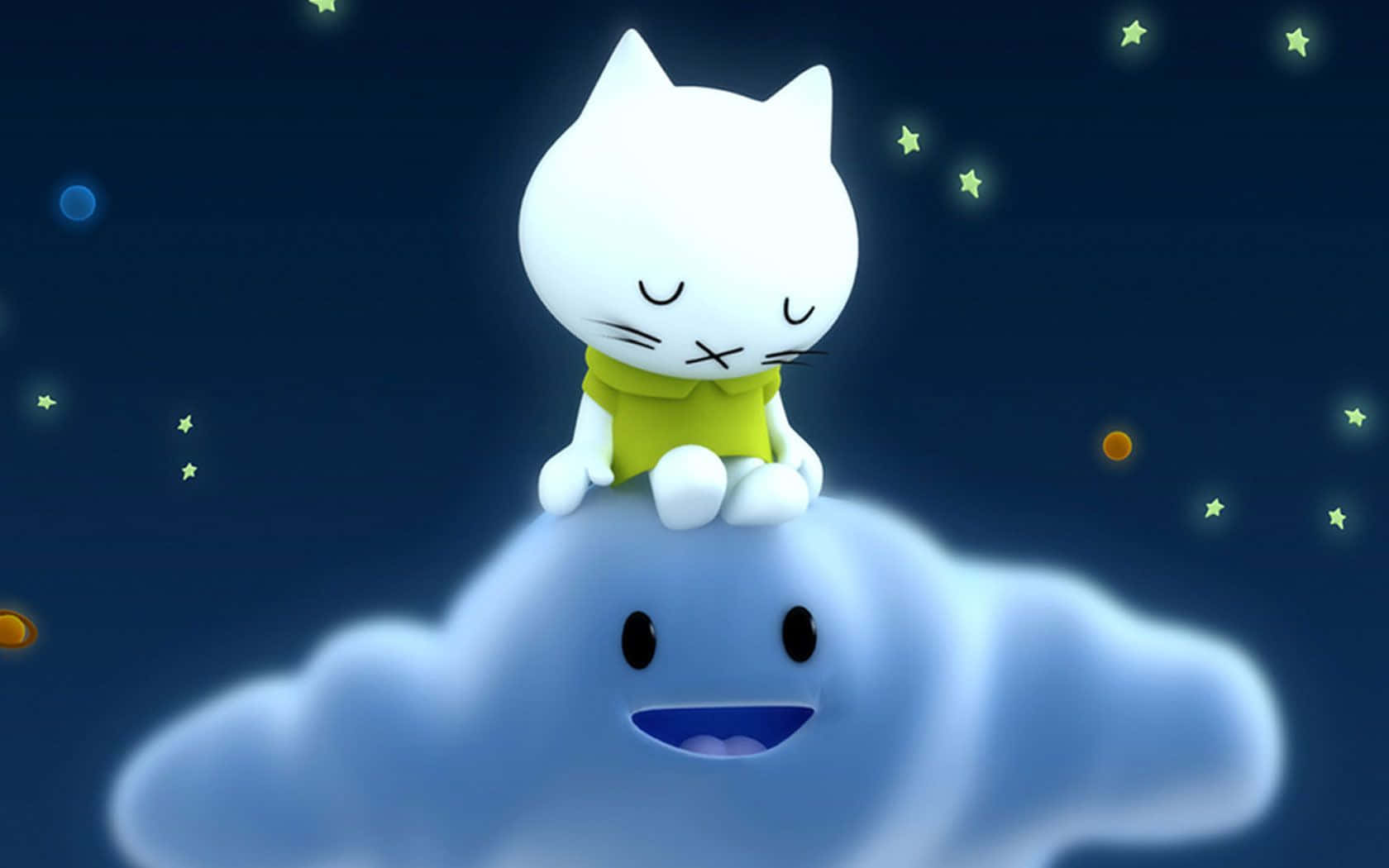 Cute Cartoon 桌布 壁紙 — 一隻穿著黃色襯衫的白色卡通貓咪，在滿天星斗的夜空下，平靜地坐在微笑的藍色雲朵上。