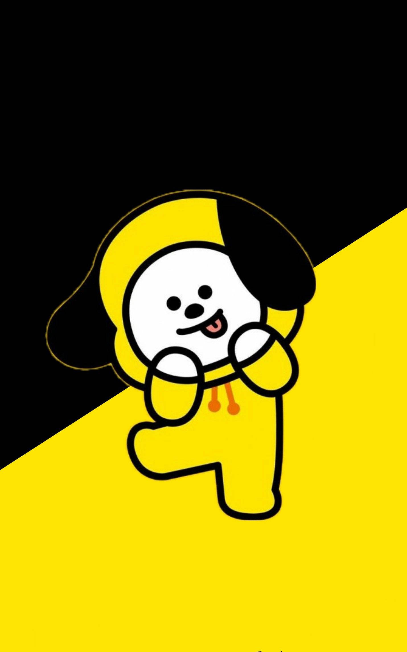 Chimmy 桌布 壁紙 — 一隻穿著黃色連帽衫的快樂卡通狗在醒目的黑色和黃色對角線分割背景上微笑跳舞。