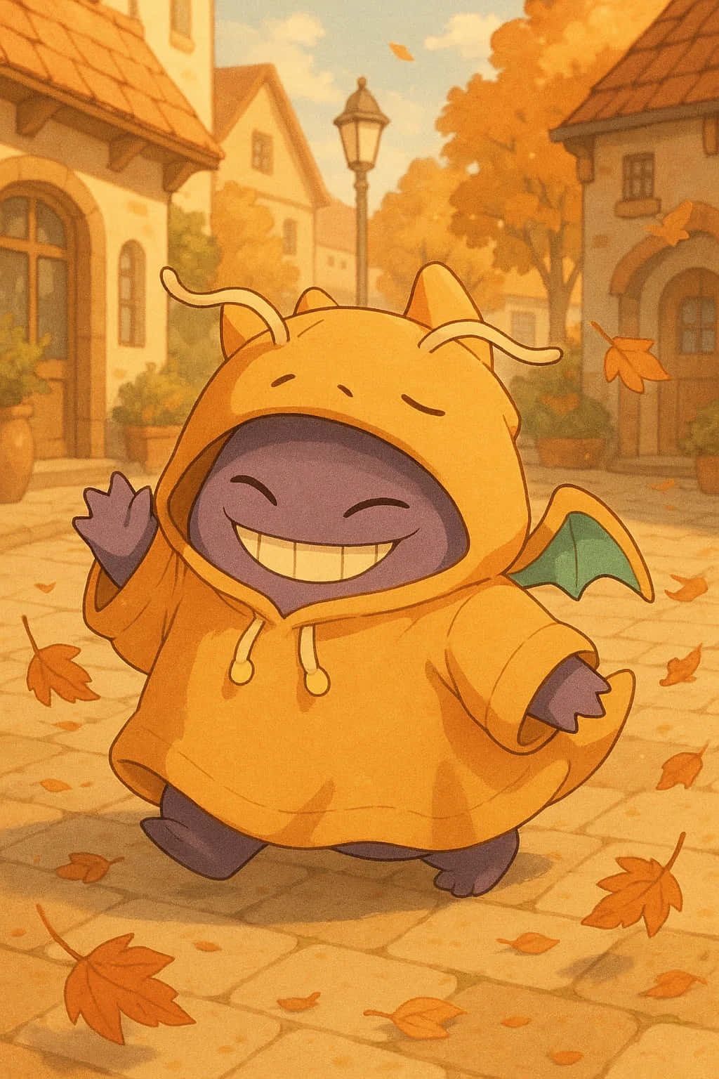 Gengar HD Wallpaper WEBP 4K Background Download 壁紙 — 一隻穿著黃色連帽衫的快樂卡通龍，歡快地跑過一條散落著落葉的鵝卵石街道。