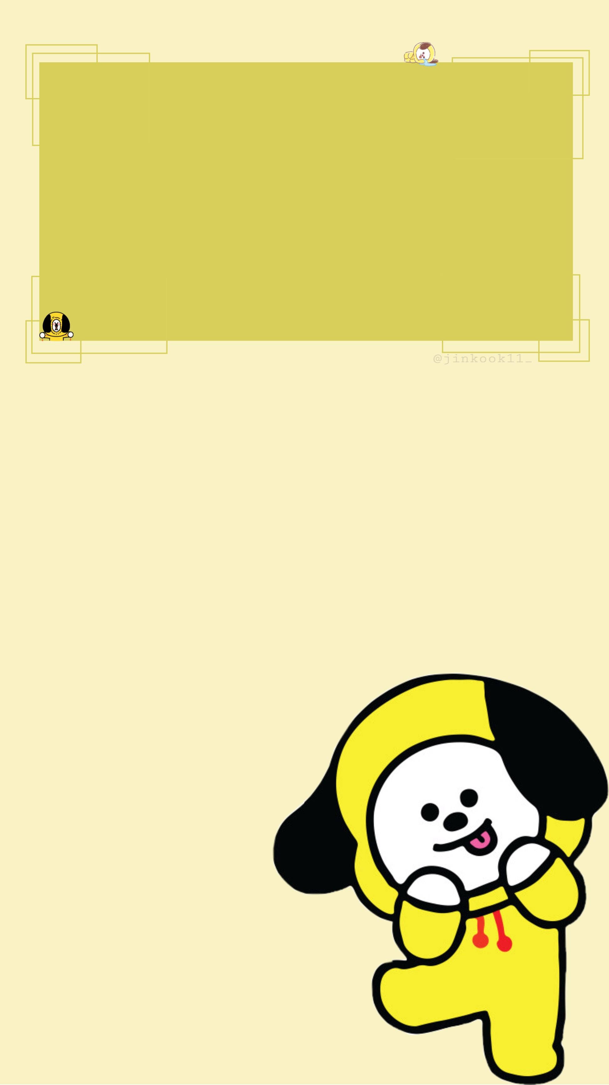Chimmy 桌布 壁紙 — 一隻穿著黃色連帽衫的開心卡通狗，在帶有幾何框架裝飾的淡黃色壁紙底部頑皮地微笑。