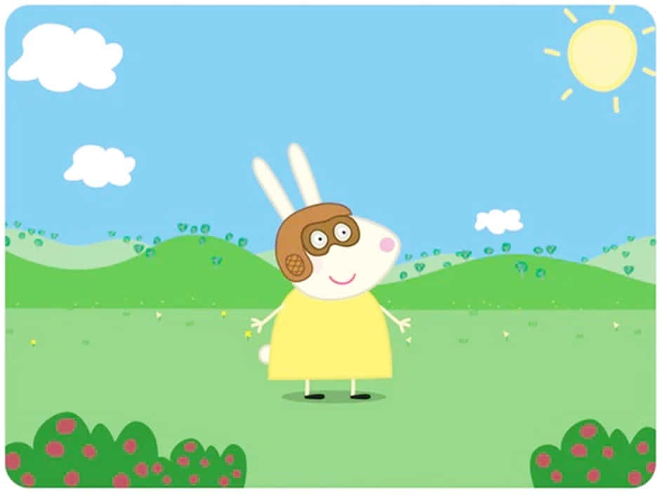 Rebecca Rabbit 桌布 壁紙 — 一隻穿著黃色連衣裙和飛行員護目鏡的快樂卡通兔子，站在陽光明媚的綠色田野上，背景是藍天白雲。