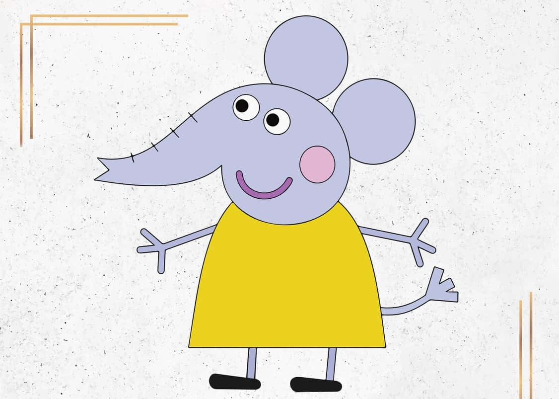 Emily Elephant 桌布 壁紙 — 一隻穿著黃色連衣裙的快樂卡通大象老鼠，在帶有紋理的米白色背景上張開雙臂微笑。