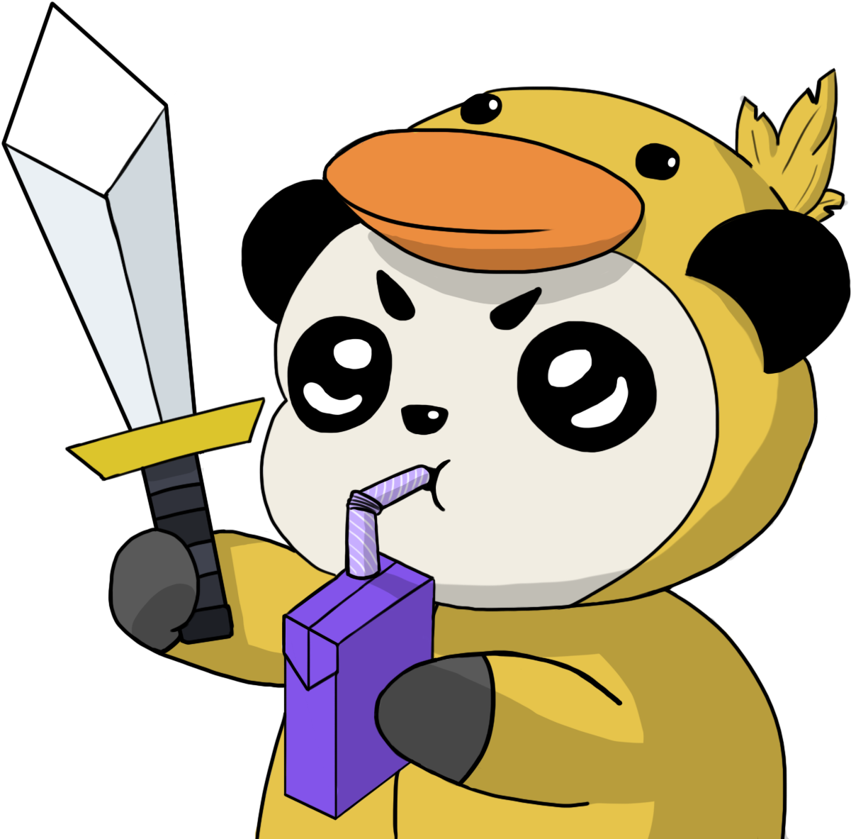 Discord 桌布 壁紙 — 一隻穿著黃色鴨子服裝的卡通熊貓，在黑色背景前拿著劍，啜飲著紫色果汁盒。