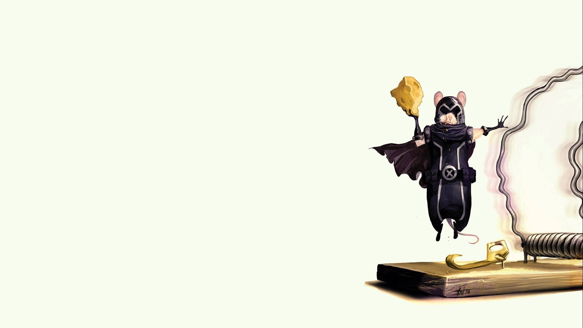 Magneto 桌布 壁紙 — 一隻穿著黑色西裝和斗篷的卡通老鼠超級英雄，從捕鼠器上跳下，手持一塊起司，背景為淡色。