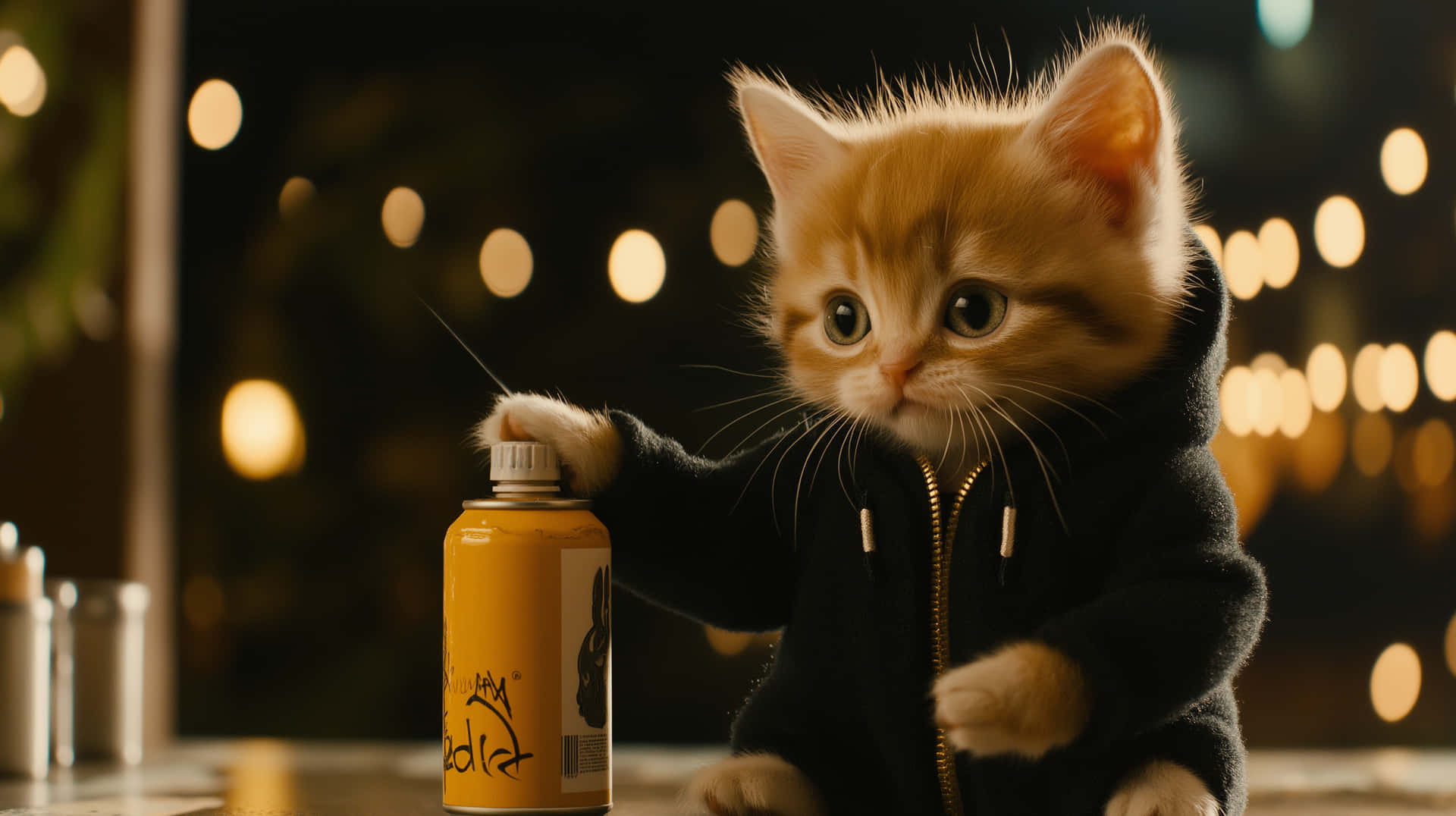 Mischievous kitten in hoodie with miniature spray can 壁紙 — 一隻穿著黑色連帽衫的小薑貓，在溫暖的散景燈光背景下拿著黃色噴漆罐。