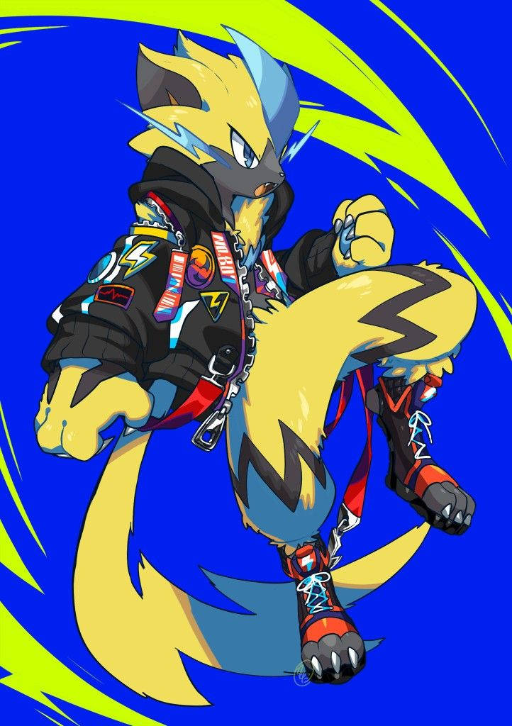 Zeraora 桌布 壁紙 — 一隻穿著龐克夾克的動漫風格電狐，在充滿活力的藍色和螢光綠色背景前擺出強有力的姿勢。