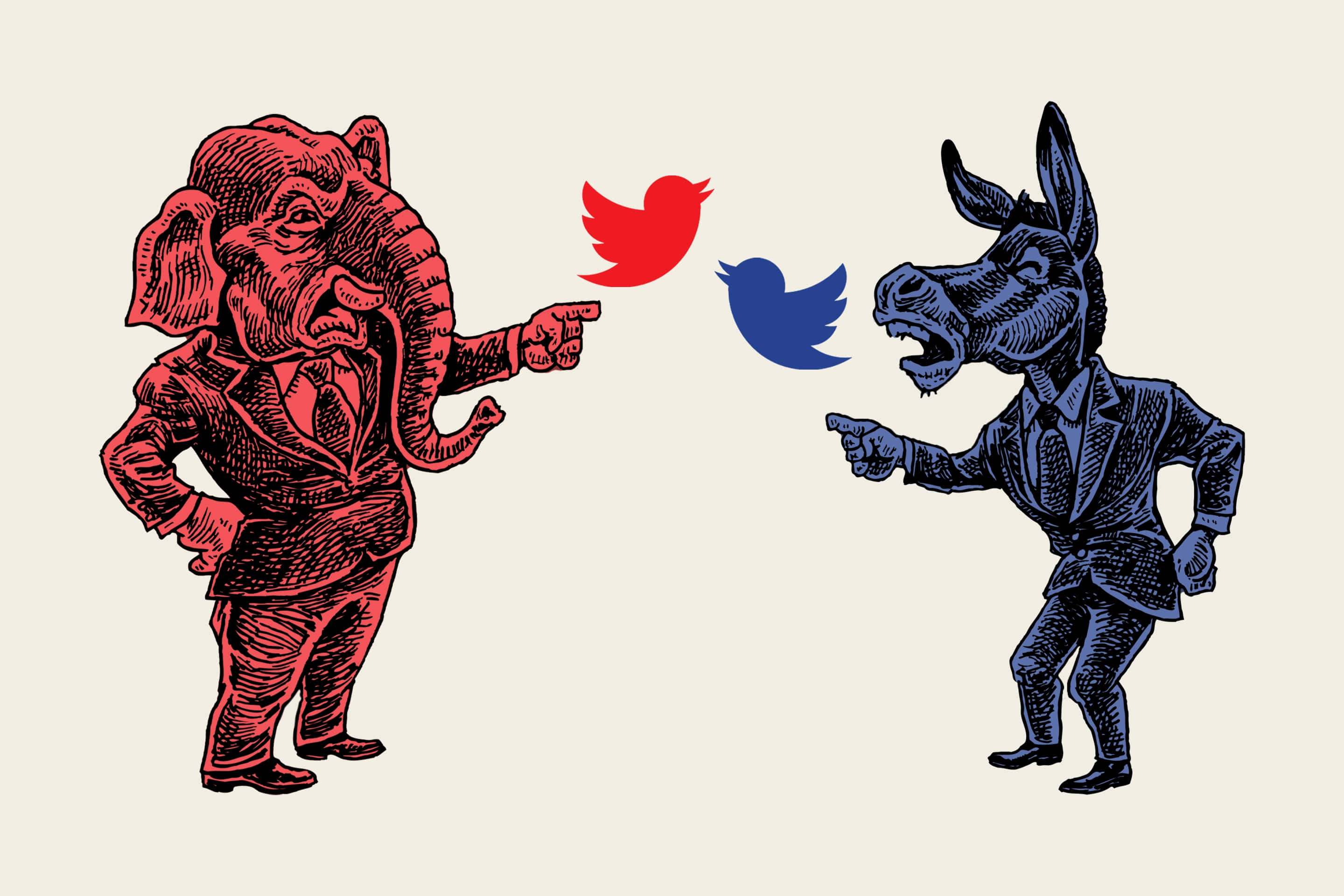 Twitter 桌布 壁紙 — 一隻穿西裝的紅色大象和一隻藍色驢子互相指責，中間有Twitter標誌。