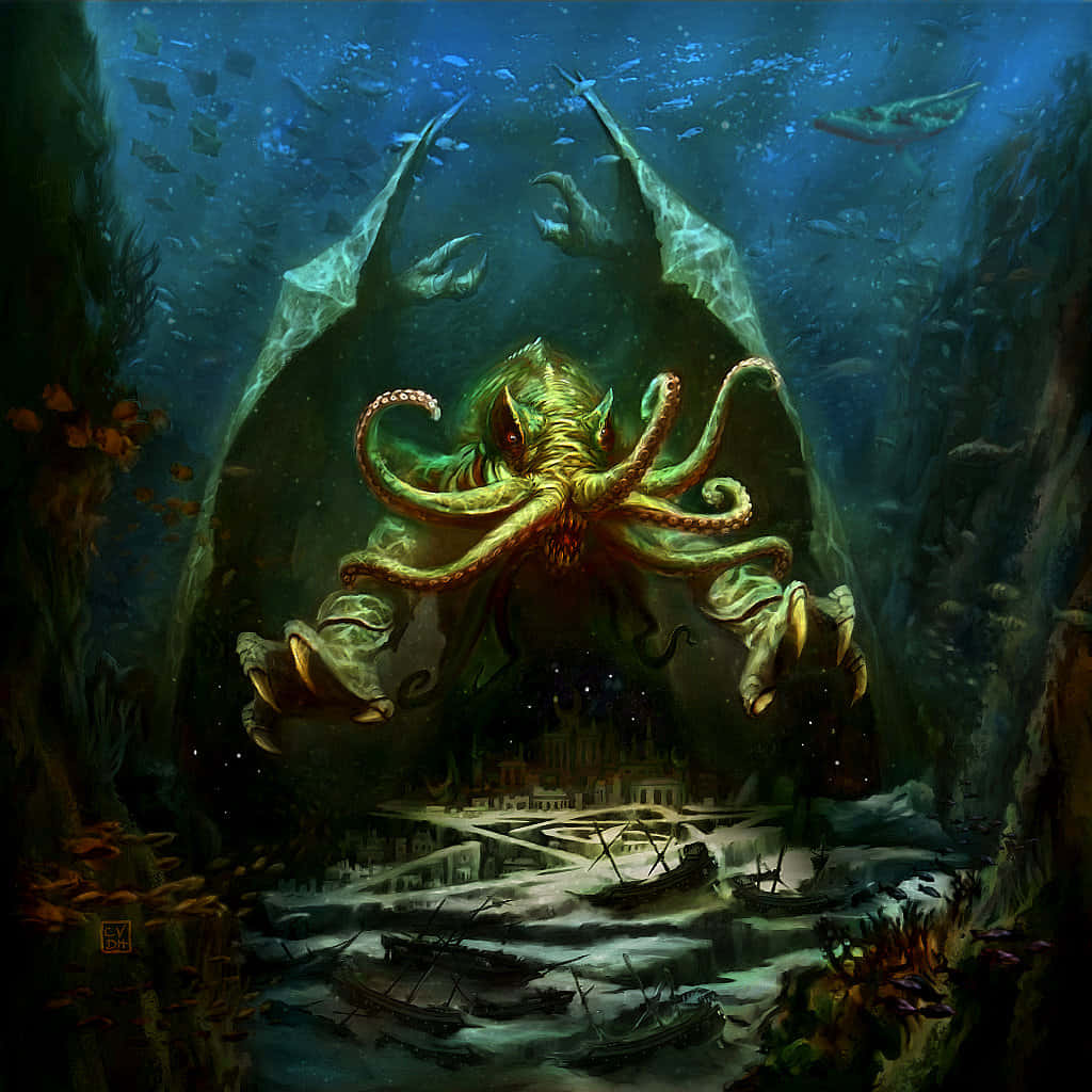 一隻章魚在海洋中的畫作 壁紙