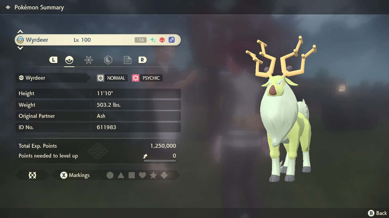 寶可夢 桌布 壁紙 — 一隻等級100的Wyrdeer Pokémon，發光的鹿角，站在遊戲選單中，背景是模糊的戶外景色。