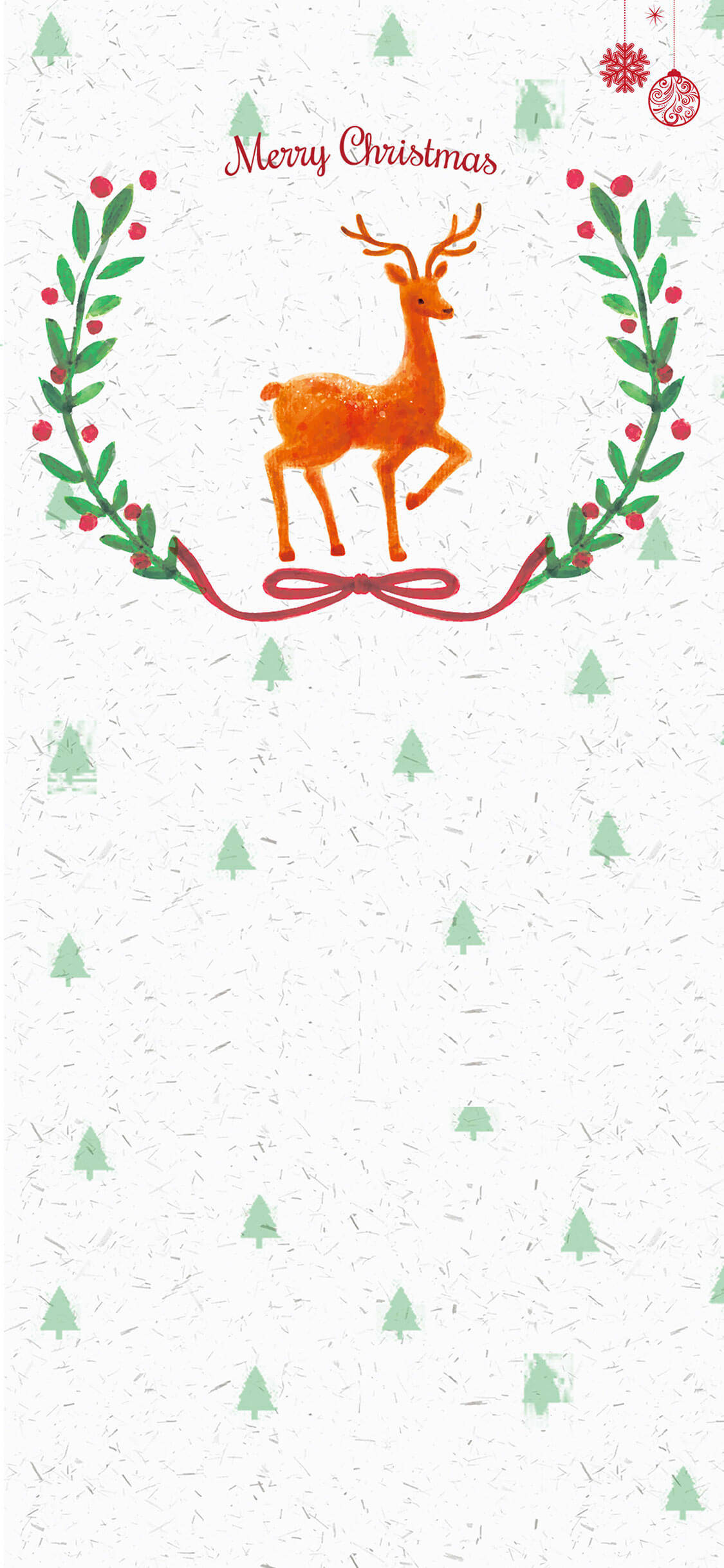 Reindeer 桌布 壁紙 — 一隻節日橙色鹿站在綠色冬青花環中央，花環上有紅色漿果和蝴蝶結，背景是帶有紋理的白色背景，散落著松樹。