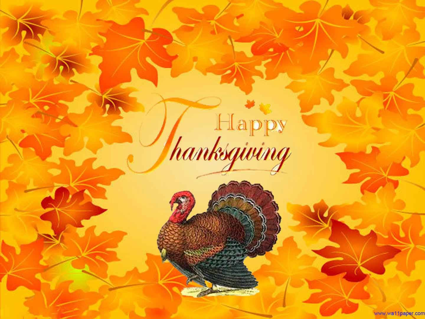 Turkey Happy Thanksgiving 桌布 壁紙 — 一隻節日火雞自豪地站在充滿活力的秋葉框架中，並以優雅的手寫體寫上 'Happy Thanksgiving'。