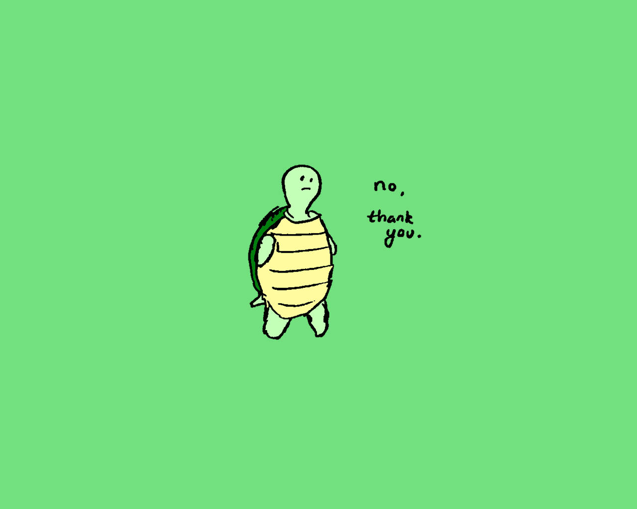 Cartoon Turtle 桌布 壁紙 — 一隻簡單的卡通烏龜，有條紋殼，站在純綠色背景前面，說『不用了，謝謝。』