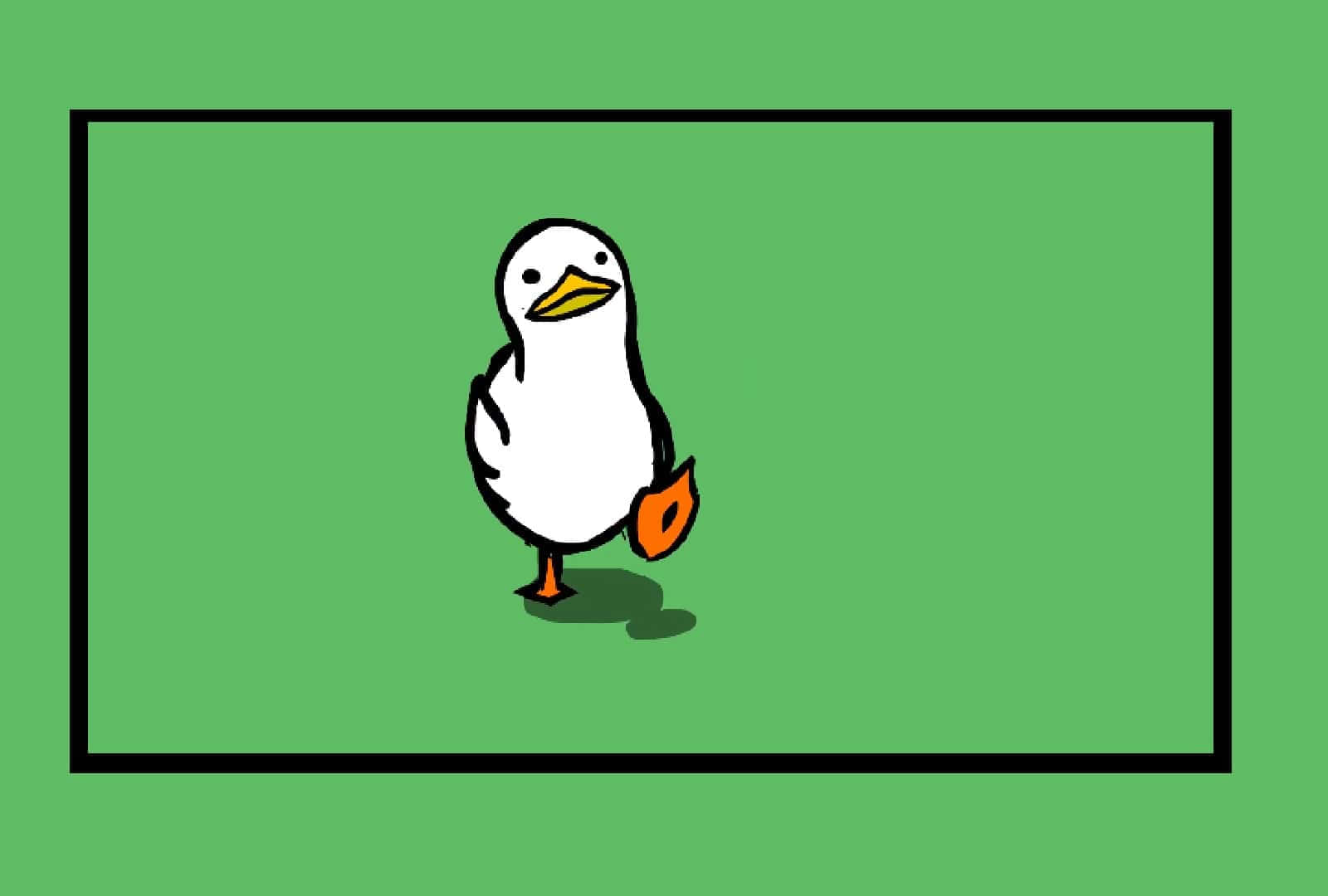 Cute Duck 桌布 壁紙 — 一隻簡單的卡通鴨，有黃色的喙和橙色的腳，站在綠色背景中央，周圍是黑色矩形框。