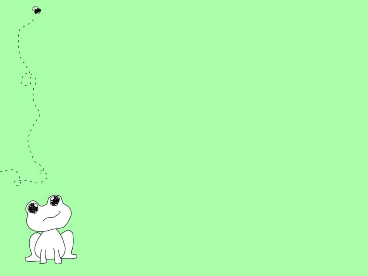 Aesthetic Frog 桌布 壁紙 — 一隻簡單的白色線條青蛙，大眼睛，坐在純薄荷綠背景上，抬頭看著一條點線軌跡，通向一隻小蒼蠅。