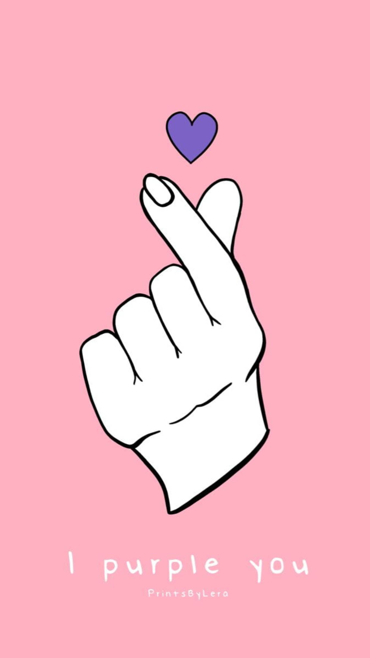 Cute Heart 桌布 壁紙 — 一隻簡約白色手在柔和粉紅背景上用食指和中指做出心形手勢，上方有紫色心形，下方有文字。