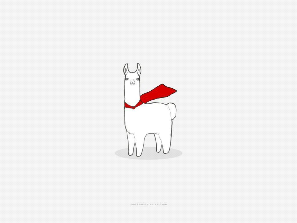 Alpaca 桌布 壁紙 — 一隻簡約風格的白色羊駝，披著鮮紅色的超級英雄斗篷，站在淺灰色網格背景中央。