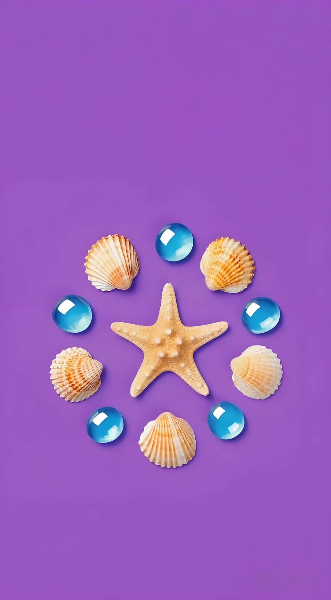 Seashell starfish wallpaper 壁紙 — 一隻米色海星居中，周圍有貝殼和藍色水滴，背景為鮮豔紫色。