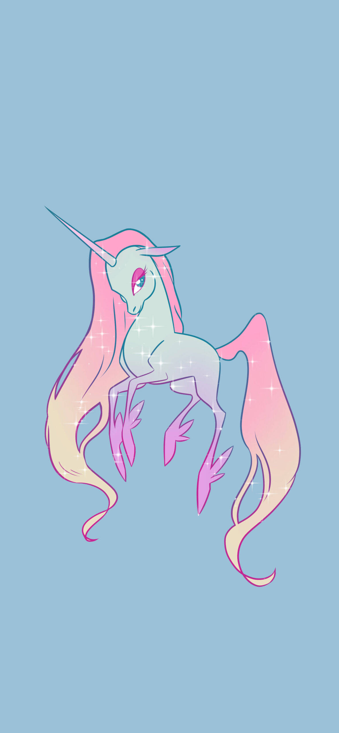 Cool Unicorn 桌布 壁紙 — 一隻粉彩粉紅和藍色的獨角獸閃爍著光芒，優雅地漂浮在柔和的天空藍背景上。
