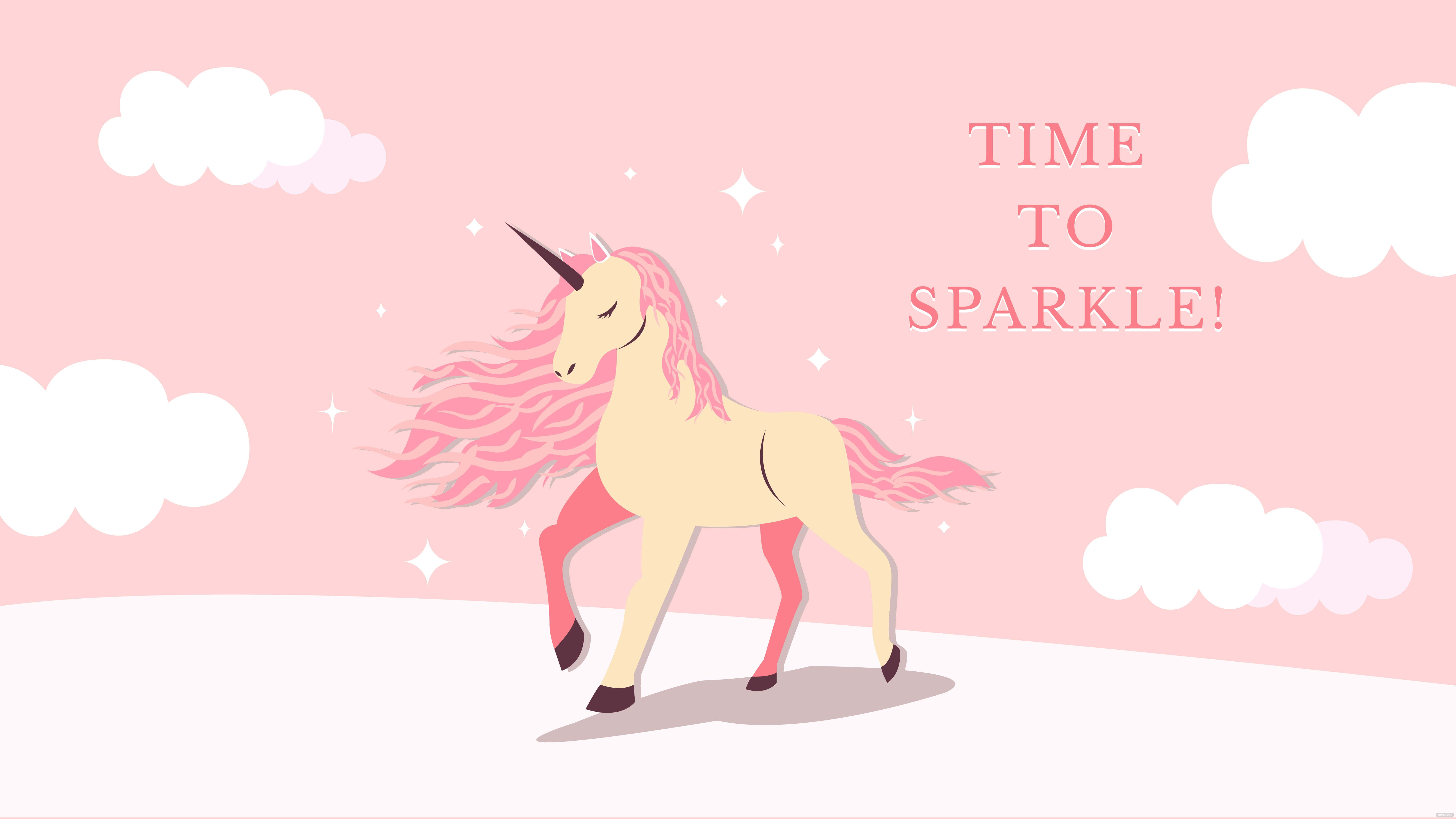 Unicorn Desktop 桌布 壁紙 — 一隻粉彩粉紅色獨角獸，擁有飄逸的鬃毛和角，站在雲霧繚繞的山丘上，背景是柔和的粉紅色天空，閃爍著光芒，並帶有文字「time to sparkle」。