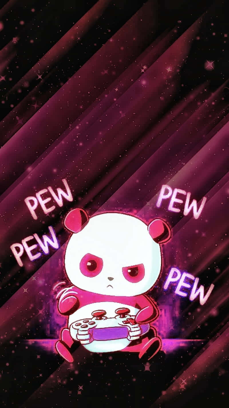 遊戲 桌布 壁紙 — 一隻粉白色可愛憤怒熊貓在發光紫色條紋和 'PEW PEW' 文字之間握著遊戲控制器，背景是滿天星星的宇宙。