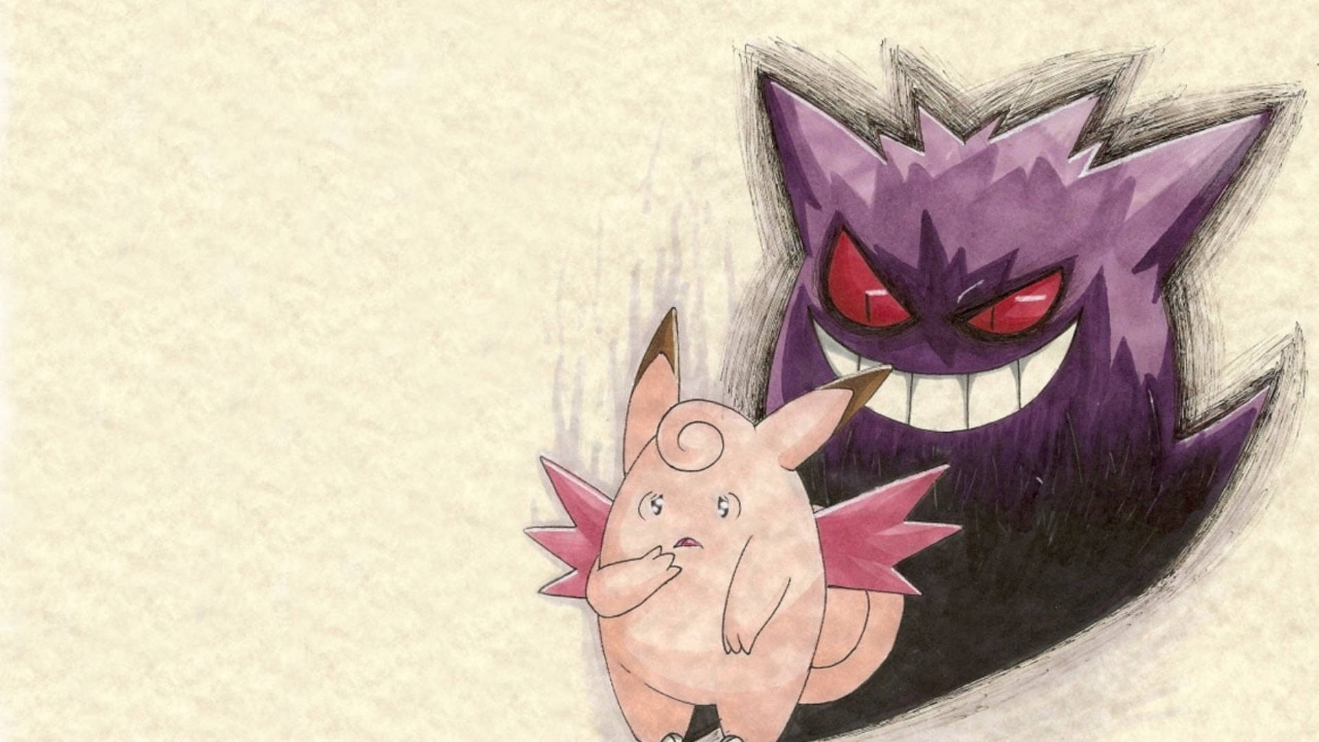 耿鬼 桌布 壁紙 — 一隻粉紅色似豬的Pokémon看起來很害怕，而一隻大型紫色鬼魂般的Pokémon在後面出現，有發光的紅色眼睛。
