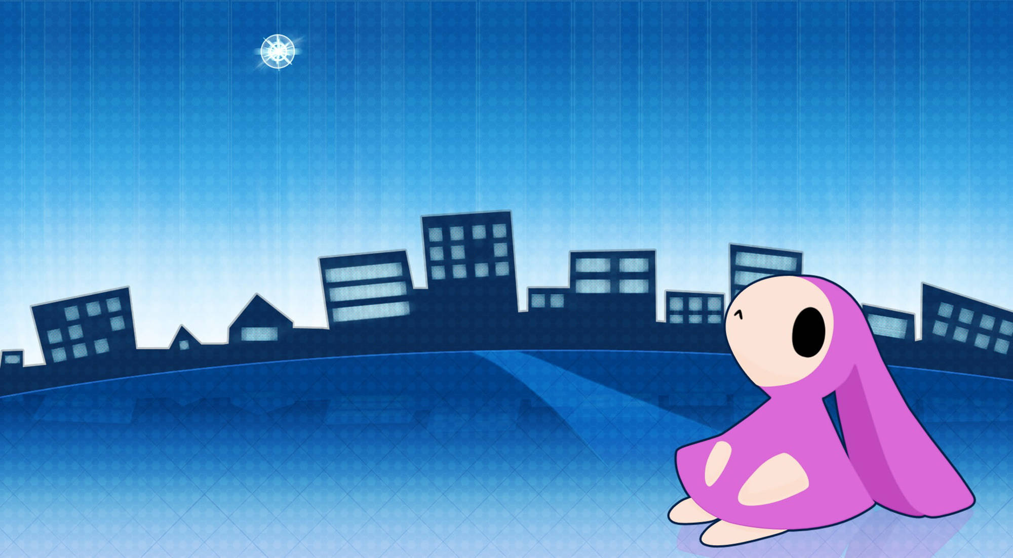 Chobits 桌布 壁紙 — 一隻粉紅色像兔子的生物獨自坐在藍色城市景觀中，上方是發光的月亮。