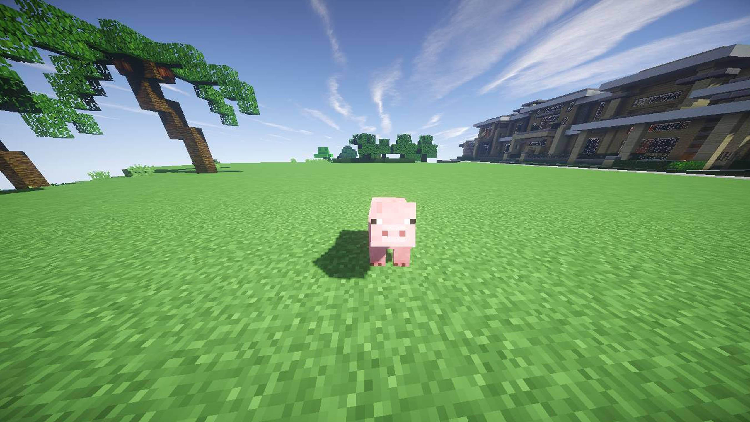 2560x1440 Minecraft 桌布 壁紙 — 一隻粉紅色像素豬站在鮮綠色草地上，背景是晴朗藍天、方塊樹木和現代房屋。