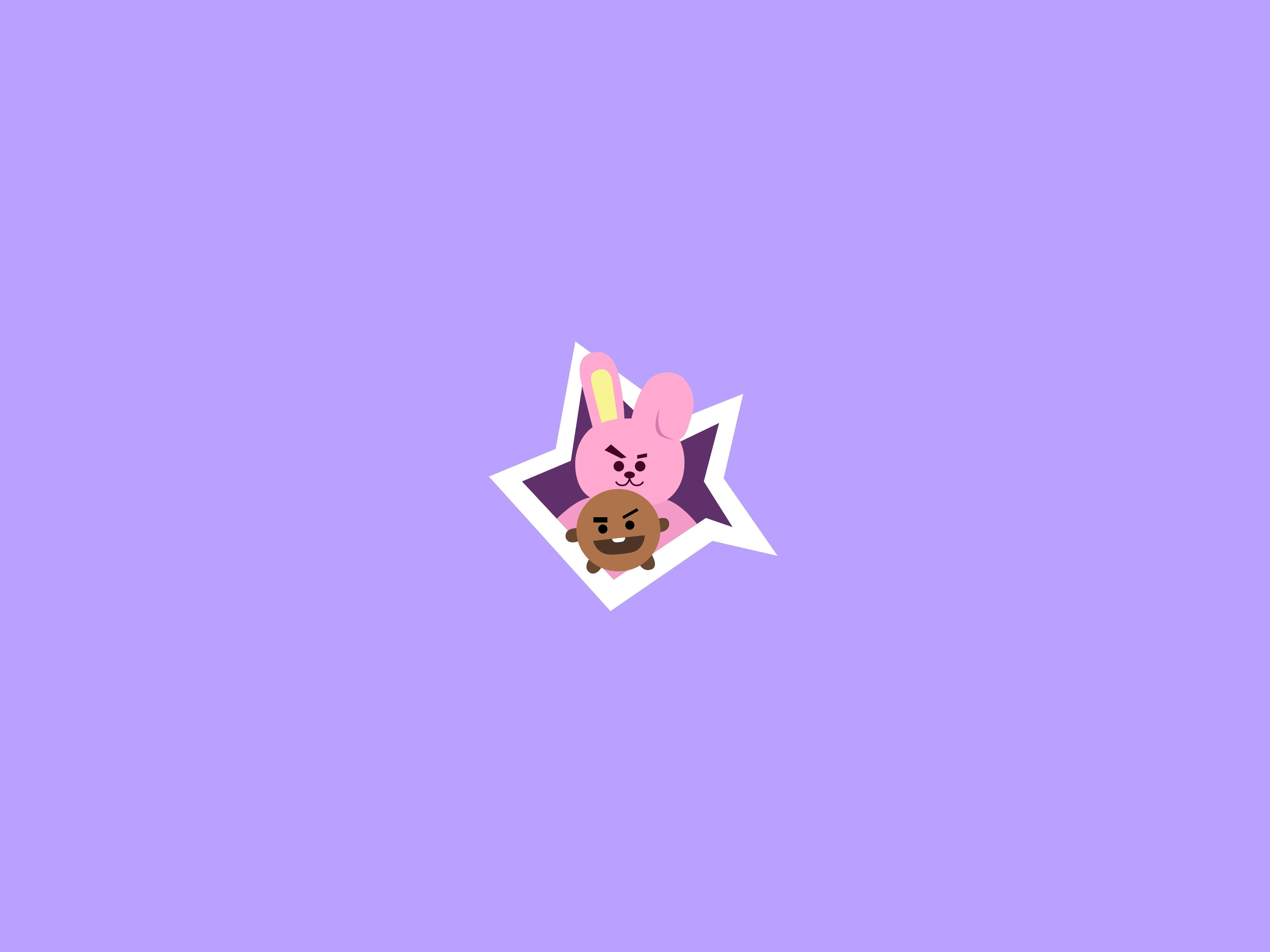 Cooky Bt21 桌布 壁紙 — 一隻粉紅色兔子和一個棕色餅乾角色在純薰衣草色背景上的白色星星鏤空中探出頭來。